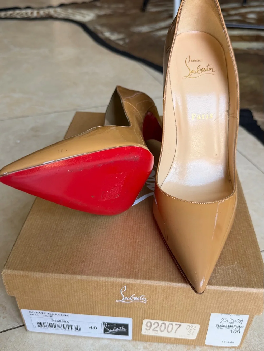 Christian Louboutin Beige Patent Leather Stiletto Pumps with Red Soles